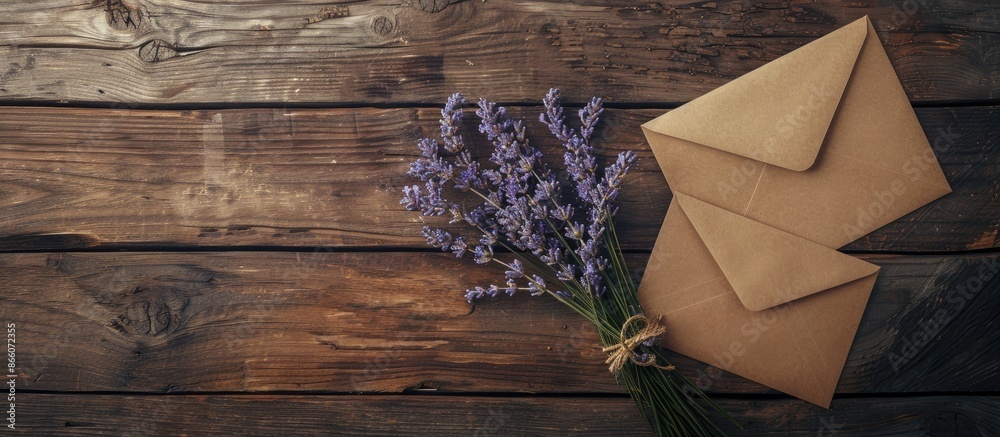 Poster vintage wooden background with a greeting card mockup, envelope, and dry lavender bouquet, top view,