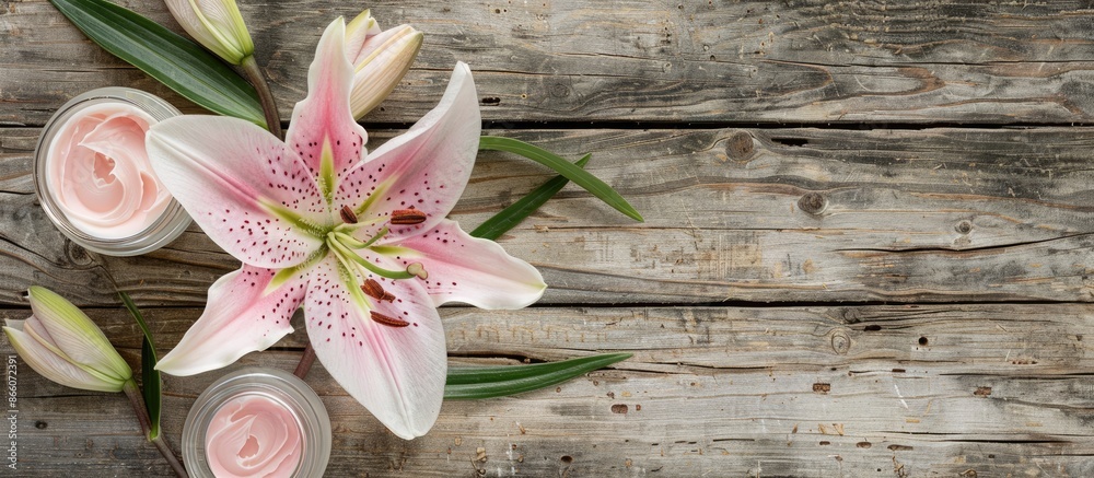 Poster weathered wooden table background with a pink lily flower and cosmetic cream, creating a charming co