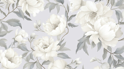 Fototapeta premium Design an elegant pattern featuring delicate white peonies on a light grey background, simple line art, floral patterns, seamless patterns, large flowers
