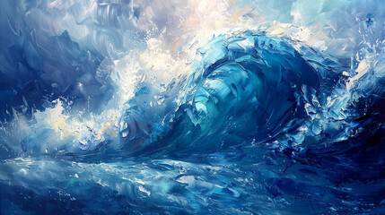 Obraz premium Abstract seascapes with layers of azure blues and foamy whites, capturing the dynamic movement of waves and sea spray in oil paint.