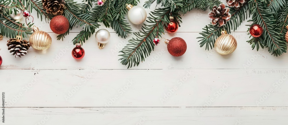 Aufkleber top view christmas ornament garland frame concept background on a white wooden table with copy space
