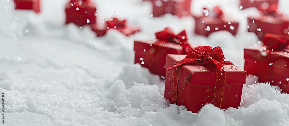 Leinwandbilder Red gift boxes placed in the snow on a white backdrop with a designated area for text or images. Copy space image. Place for adding text and design