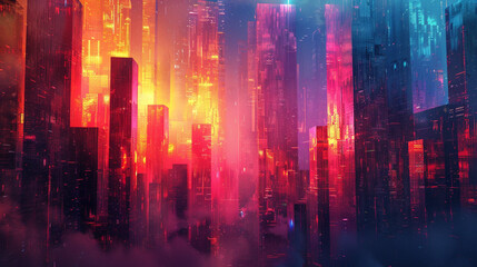 Fototapeta premium An abstract depiction of a cityscape at night with glowing, multicolored geometric shapes.