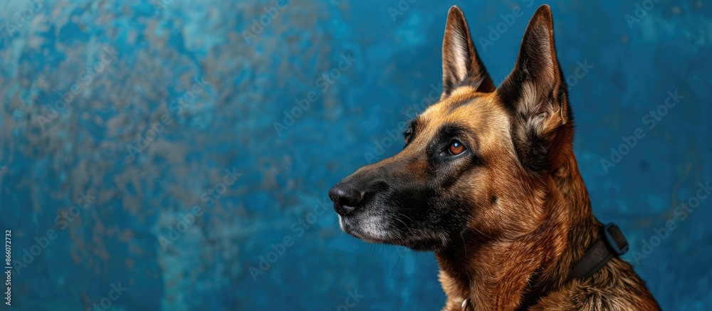 Poster A stunning canine in a studio setting with a blue backdrop for a copy space image.