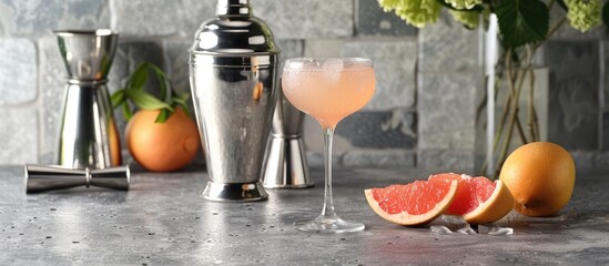 Obraz premium Light grey table with a metal shaker, a tasty cocktail, a jigger, and a grapefruit, offering space for a text overlay in the image. Copy space image. Place for adding text and design