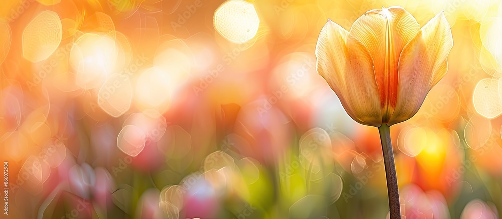 Poster tulip flower in an amber color palette in a garden framing copy space image.