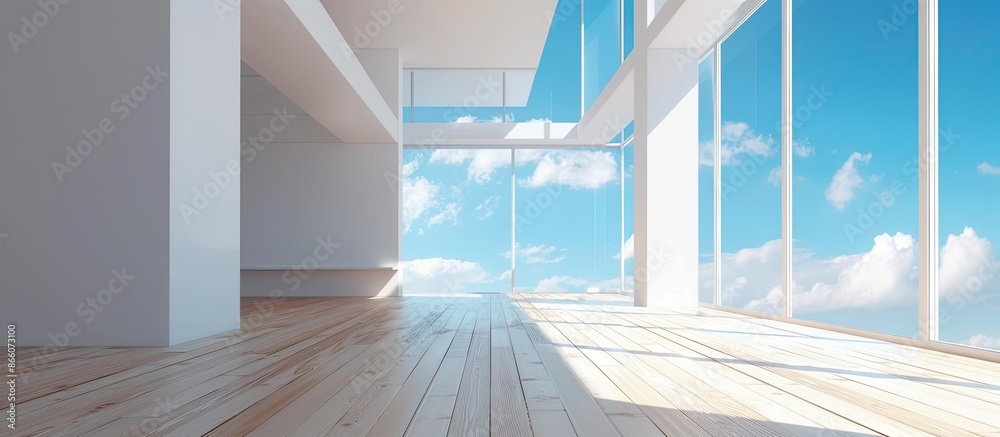 Aufkleber modern architecture with a beautiful wooden floor, white walls, and windows offering a view of the b