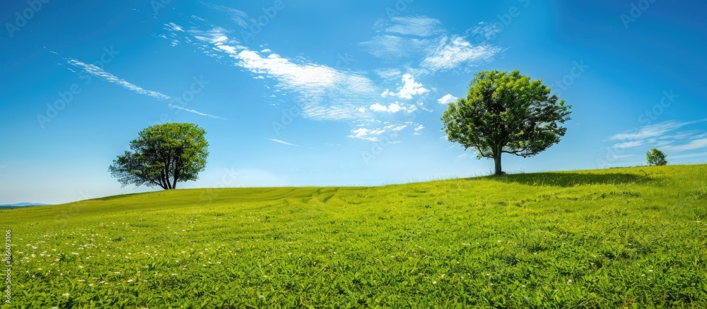 Poster scenic view of a green summer landscape with a couple of trees in a lush meadow under a clear blue s