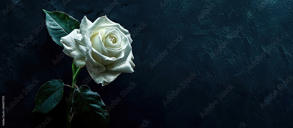 Poster Bright macro image featuring a single white rose isolated on black background with detailed texture in vintage style, perfect for copy space image.