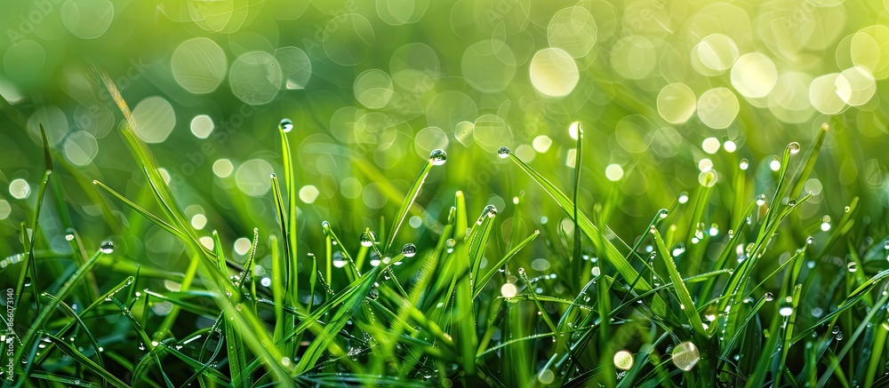 Poster close-up image showcasing dew drops on green meadow grass, depicting nature's purity and freshness w