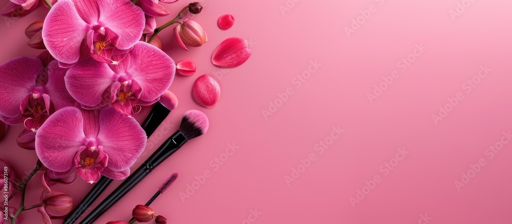 Poster pink background with makeup tools displayed alongside an elegant orchid flower, creating a visually 
