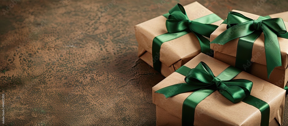 Poster gift boxes with a festive touch, wrapped in brown paper and tied with a green ribbon, presented in a