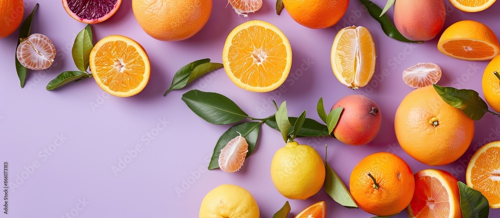 Leinwandbilder A flat lay image featuring various citrus fruits, including tangerines, on a lilac surface, with room for adding text within the composition. Copy space image. Place for adding text and design