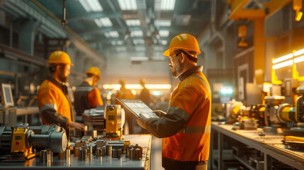 Male factory worker using a digital tablet in an industrial workshop, surrounded by machinery and colleagues in orange safety gear.