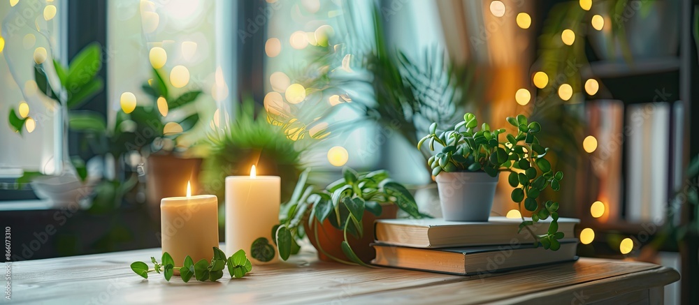 Poster table adorned with green houseplants, aromatic candles, and books on it with a light background for 