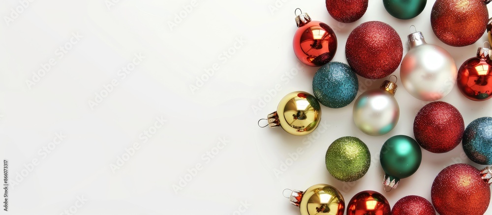 Poster A white background with space for text highlights Christmas ornaments. (79 characters). Copy space image. Place for adding text and design