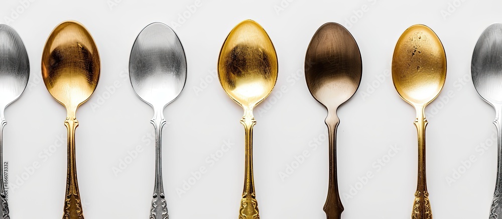Aufkleber Gold and silver spoons on a white backdrop provide a striking contrast, creating an elegant display with copy space image.