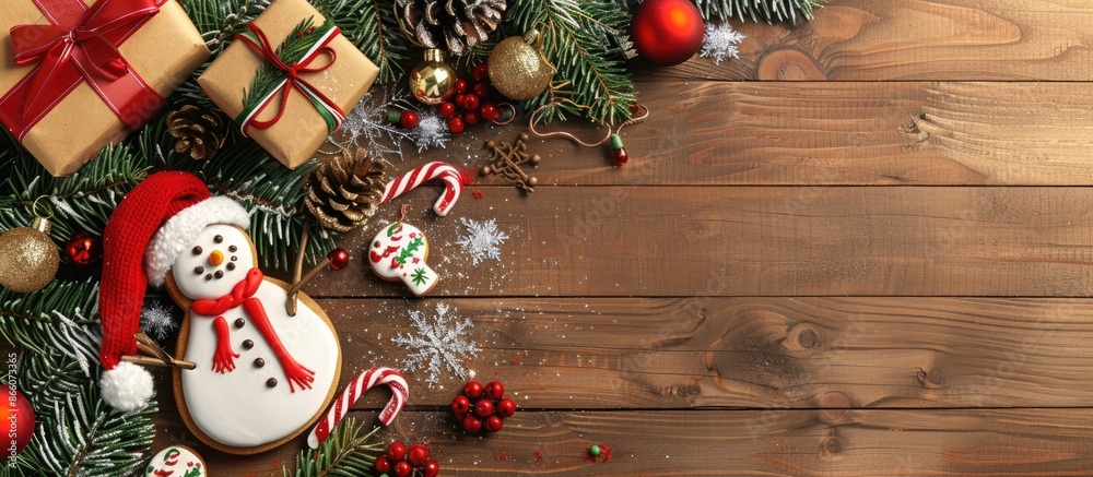 Poster festive christmas decorations with gift boxes and snowman cookie adorn the fir tree branches on a wo