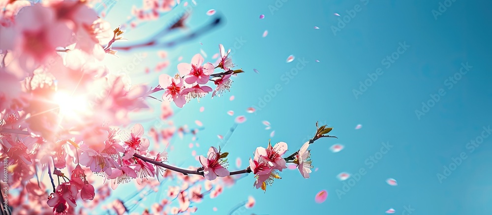 Poster plum tree blossoms against a backdrop of a clear blue sky with copy space image.