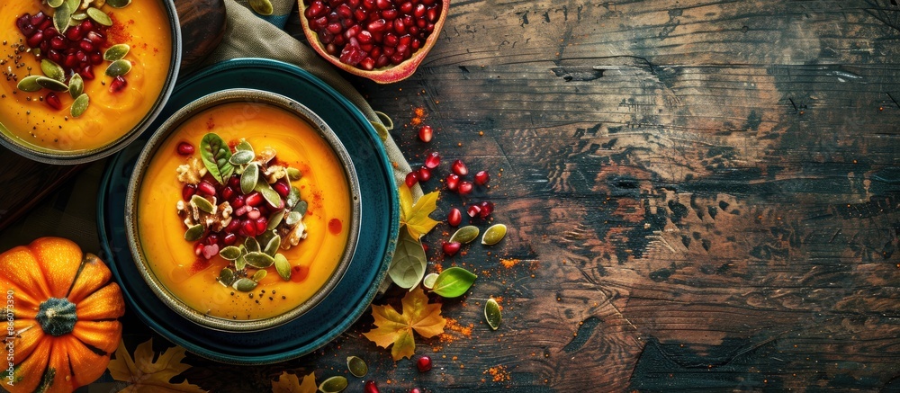 Poster flat lay with a spicy pumpkin soup topped with pumpkin seeds and pomegranate, perfect for copy space