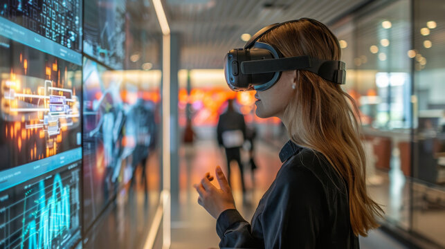 Woman using a virtual reality headset in an office, engaging with digital interfaces and advanced technology for work or learning.