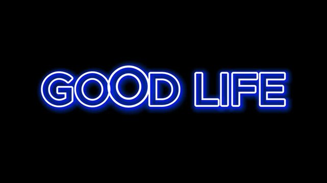 Neon Alphabet wins on black background. Light up text design GOOD LIFE