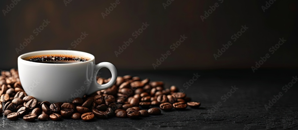 Poster coffee cup filled with coffee and beans displayed on a black background with copy space image.