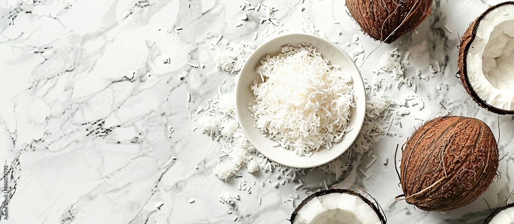 Aufkleber white marble background with copy space image featuring coconut halves and freshly grated flakes in 