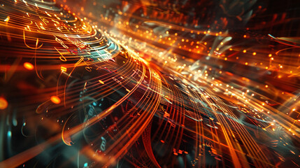 Obraz premium An abstract portrayal of musical notes and instruments in a dynamic, rhythmic composition.