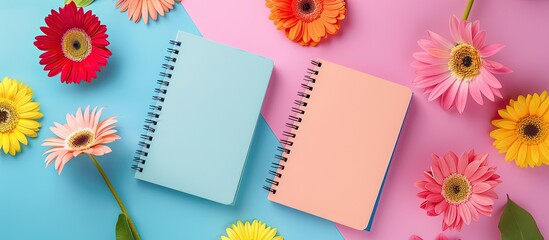 Colorful background with notebooks and bright flowers, perfect for a copy space image.