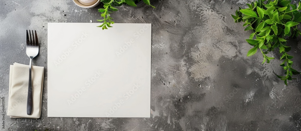 Fototapete Top view of a blank white menu mockup on a worn gray concrete wall with soft shadow, ideal for copy space image.