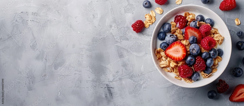 Poster nutritious breakfast option: muesli with milk and berries, shown in the copy space image.