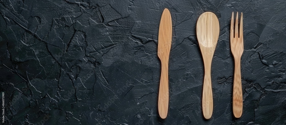 Aufkleber Eco-friendly wooden knife and fork on a black background with copy space image for text, emphasizing the zero-waste concept in a top view.
