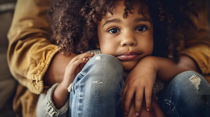 Child Embrace Comfort Innocence Curly Hair Expressive Eyes Thoughtful Pose Denim Texture Warm Colors