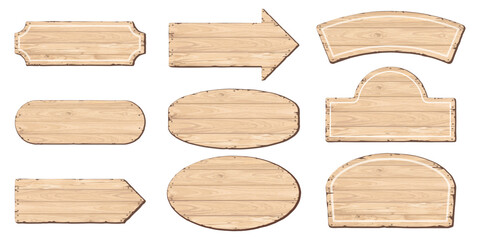 Blank signboard isolated various shapes made from cut timber panels and held together with brass rivets graphic illustrated. Set of nameplate wooden whitewashed texture pattern frame.