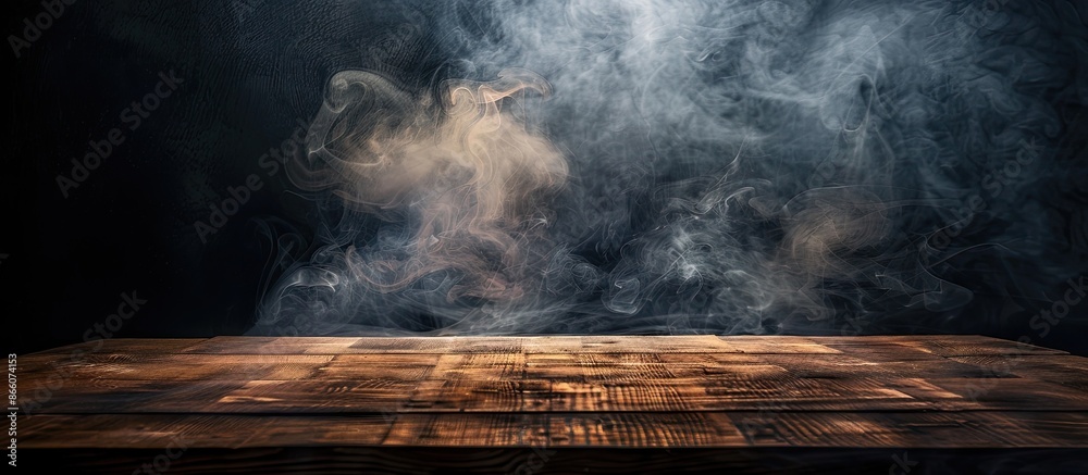 Fototapete a dark background showcases an empty wooden table with smoke rising, providing copy space image for 