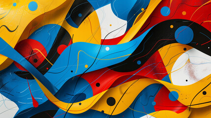 A bold, abstract composition of interconnected shapes and lines in primary colors.