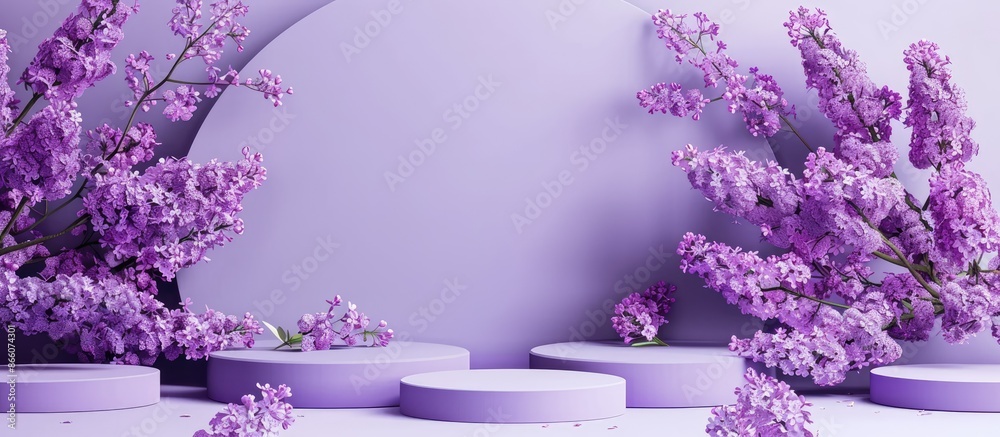 Aufkleber lilac background with blooming branch and decorative podiums offering copy space image.