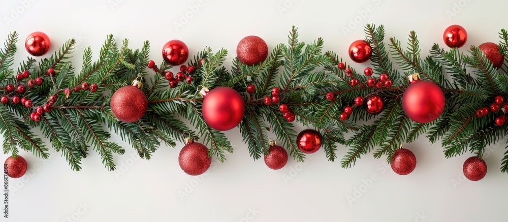 Aufkleber festive christmas backdrop adorned with fir branches, red ornaments, and decorations, ideal for addi