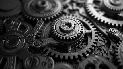 A complex, abstract design featuring interlocking gears and mechanical elements in monochrome.