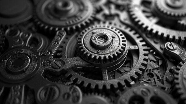 A complex, abstract design featuring interlocking gears and mechanical elements in monochrome.