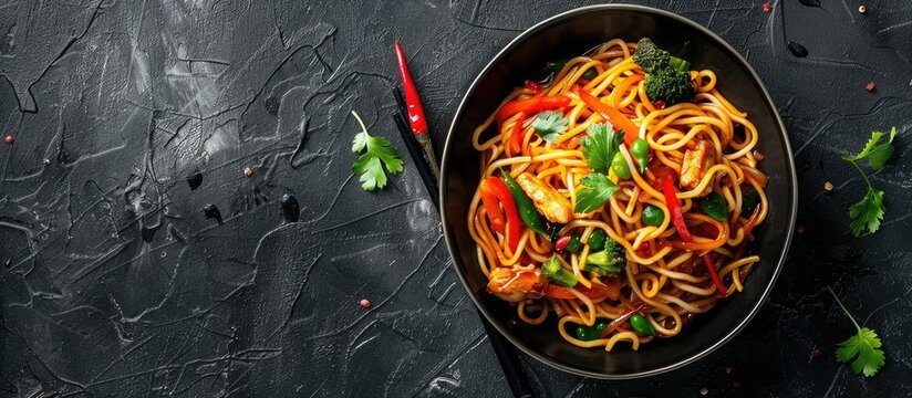 Aerial view of Schezwan Noodles or Chow Mein with veggies, chicken, and spicy sauce on a dark dish in a copy space image.