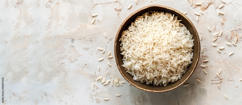 Poster Top view of a bowl of boiled rice on a light background with ample copy space image.