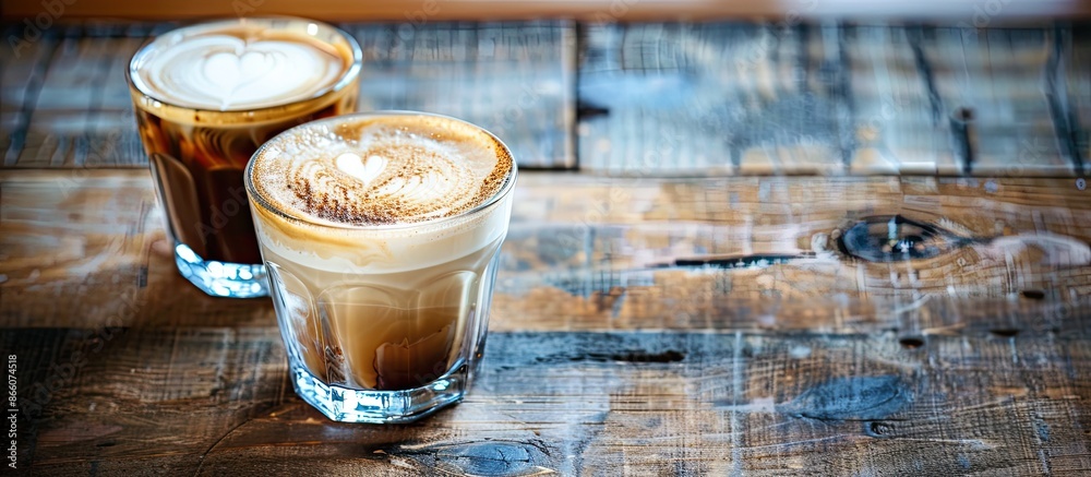 Poster cold cappuccino and mocha served in glass cups on a rustic wooden table, with a blank space availabl