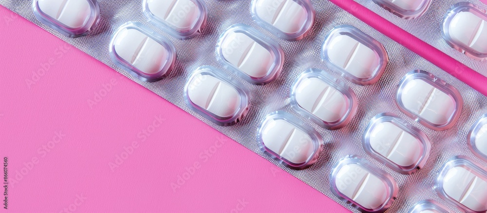 Poster white pills packaged in blister packs contrast against a pink backdrop, creating a visually appealin