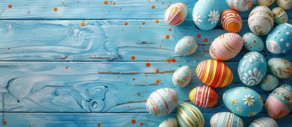 Poster top view of easter eggs displayed on a blue wooden surface, with ample copy space in the image.