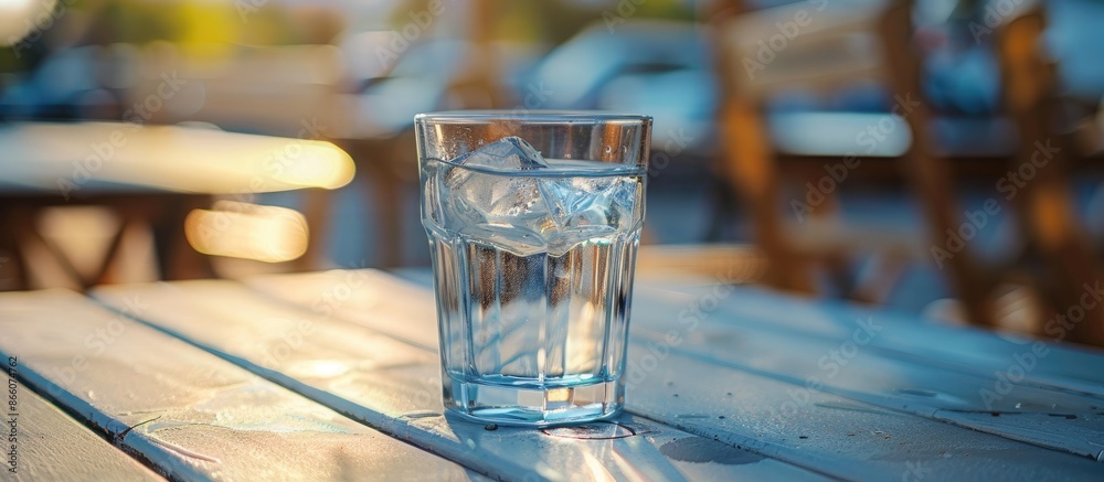 Poster close-up shot of a refreshing glass of water on a light grey outdoor table with a copy space image a