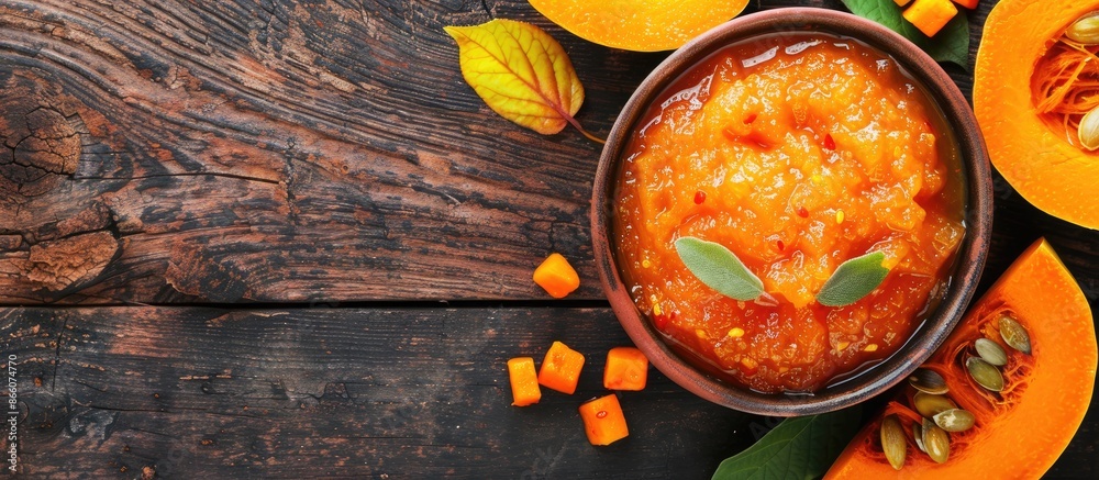 Poster A tempting bowl of pumpkin jam with its ingredients displayed on a wooden surface in a top view layout, allowing for text in the open area of the image. Copy space image