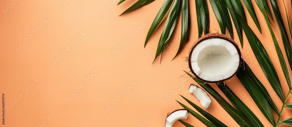 Leinwandbilder top view of a palm leaf and coconut on a pastel orange background, ideal for a summer and tropical c