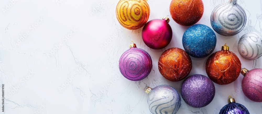 Aufkleber close-up flat lay of christmas balls on a white background with copy space image.